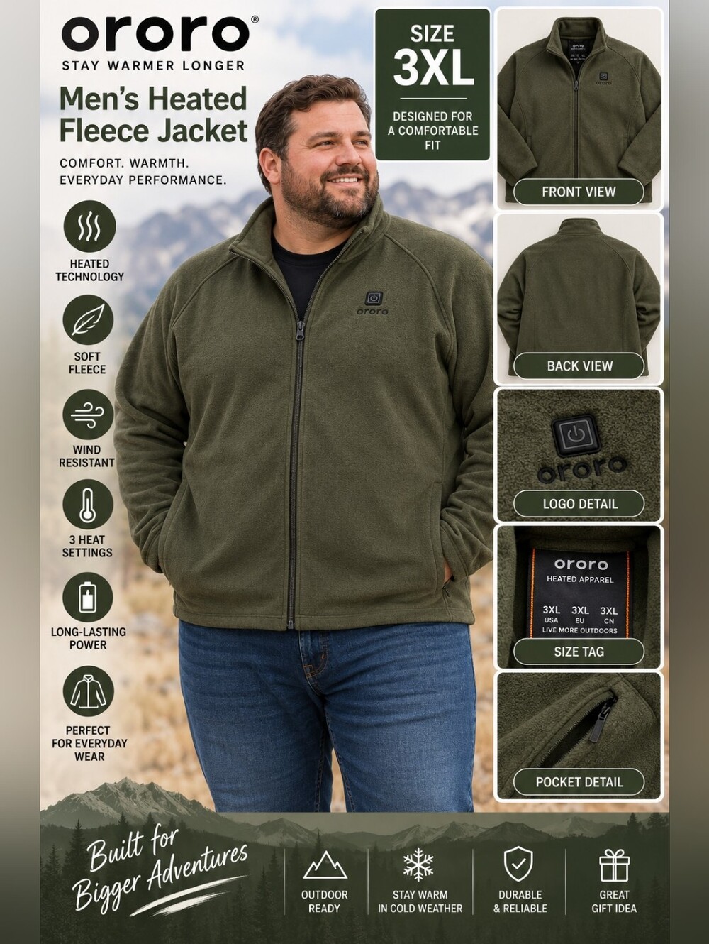 New ororo mens 3X green zip up heated fleece electric jacket #19